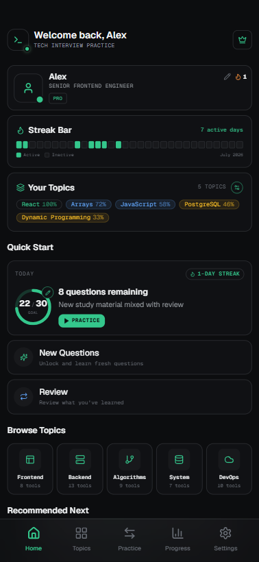 Tech Interview Practice home dashboard with streaks and daily goals